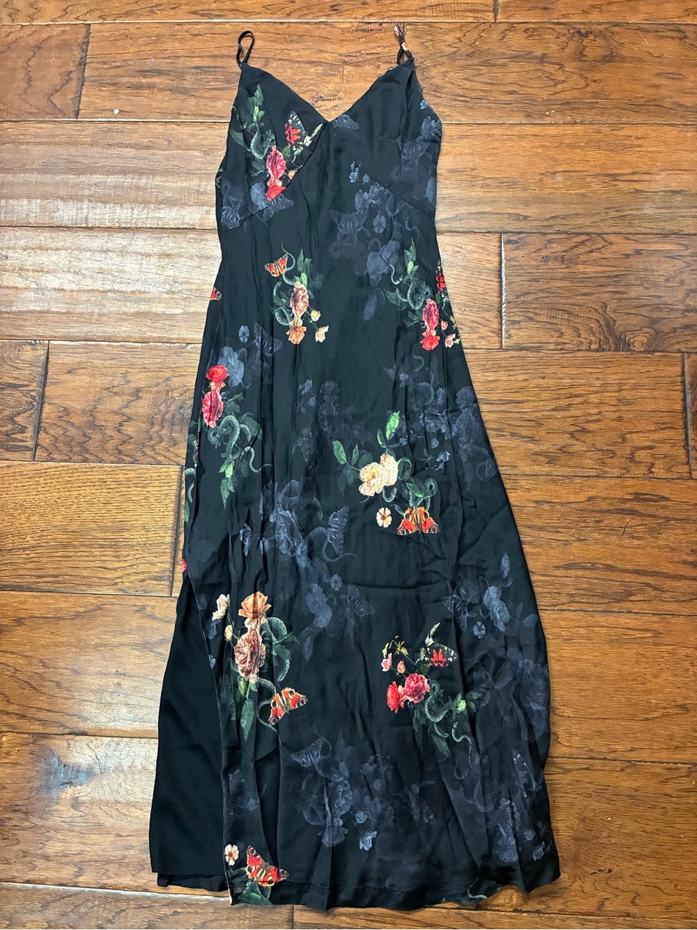 AllSaints Melody Nancy Black Floral Silk Blend Maxi Slip Dress whimsigoth 90s - Picture 4 of 12